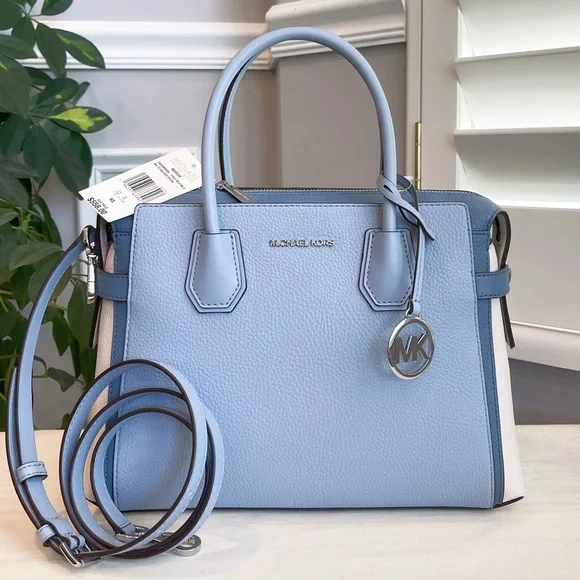 Michael Kors Mercer Belted Satchel & Wallet Set Blue Leather with Gold Hardware